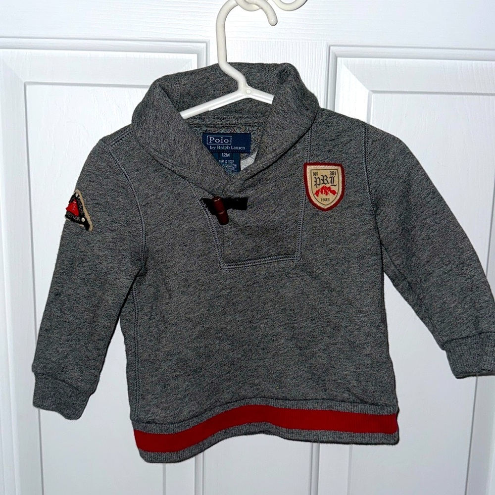 Ralph Lauren Pullover 12 Months Gray Shawl Collared Outdoors Patches